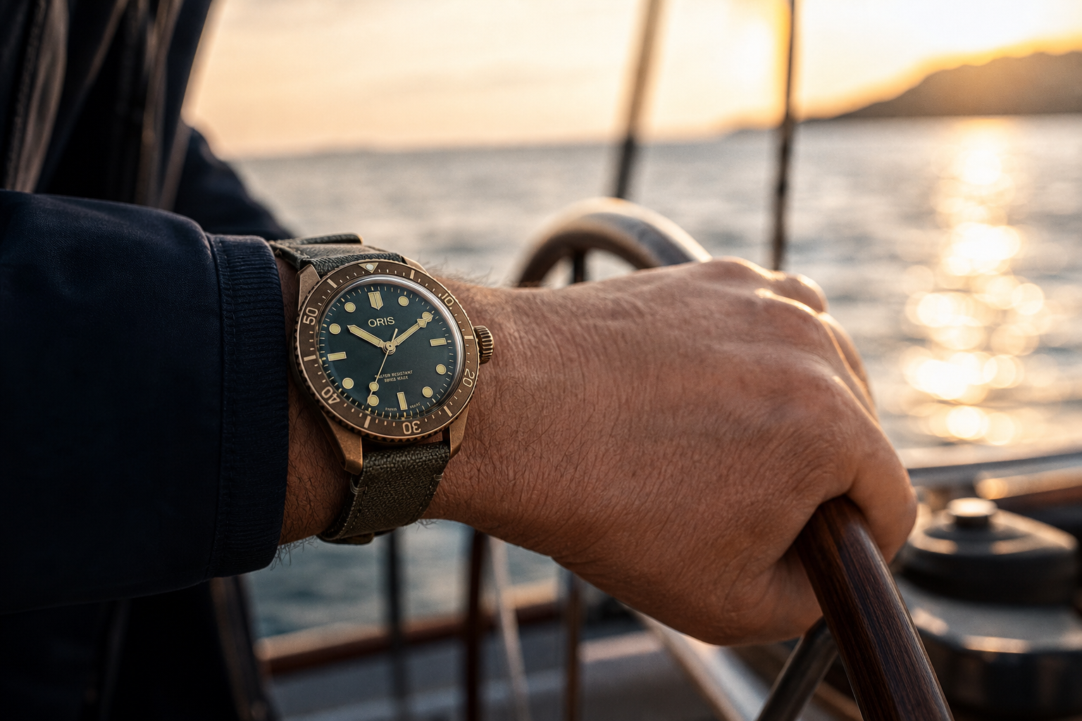 Bronze dive watch on wrist during sunset sailing