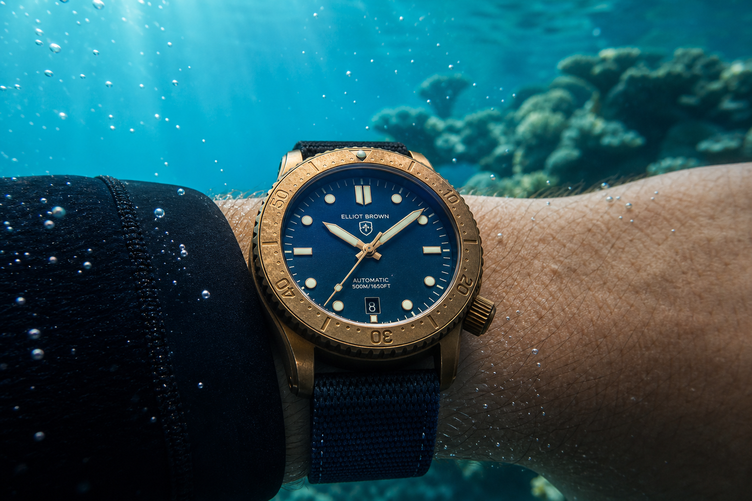Bronze dive watch underwater